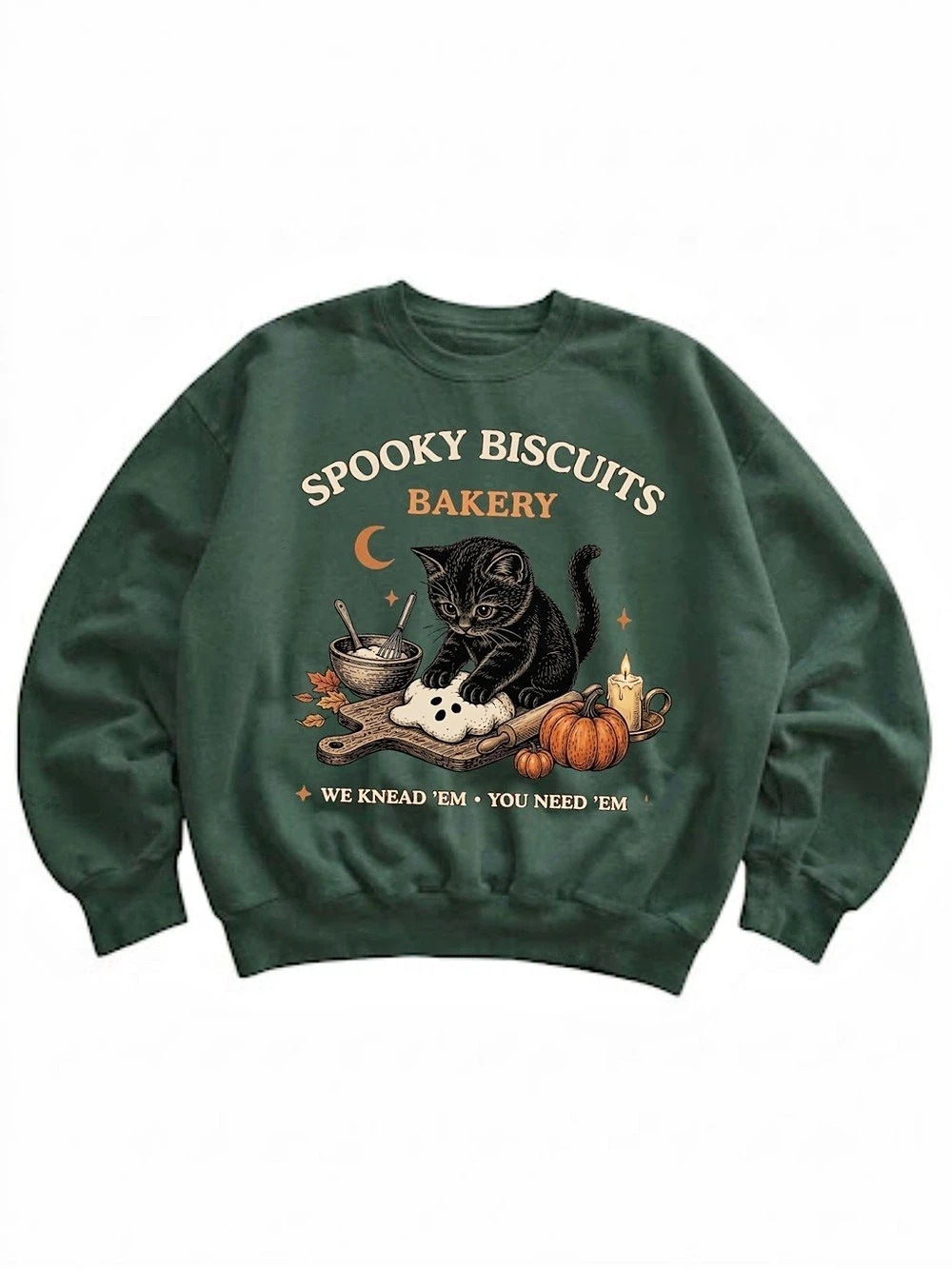 Gildan Spooky Biscuits Bakery Black Cat Crewneck Sweatshirt Green